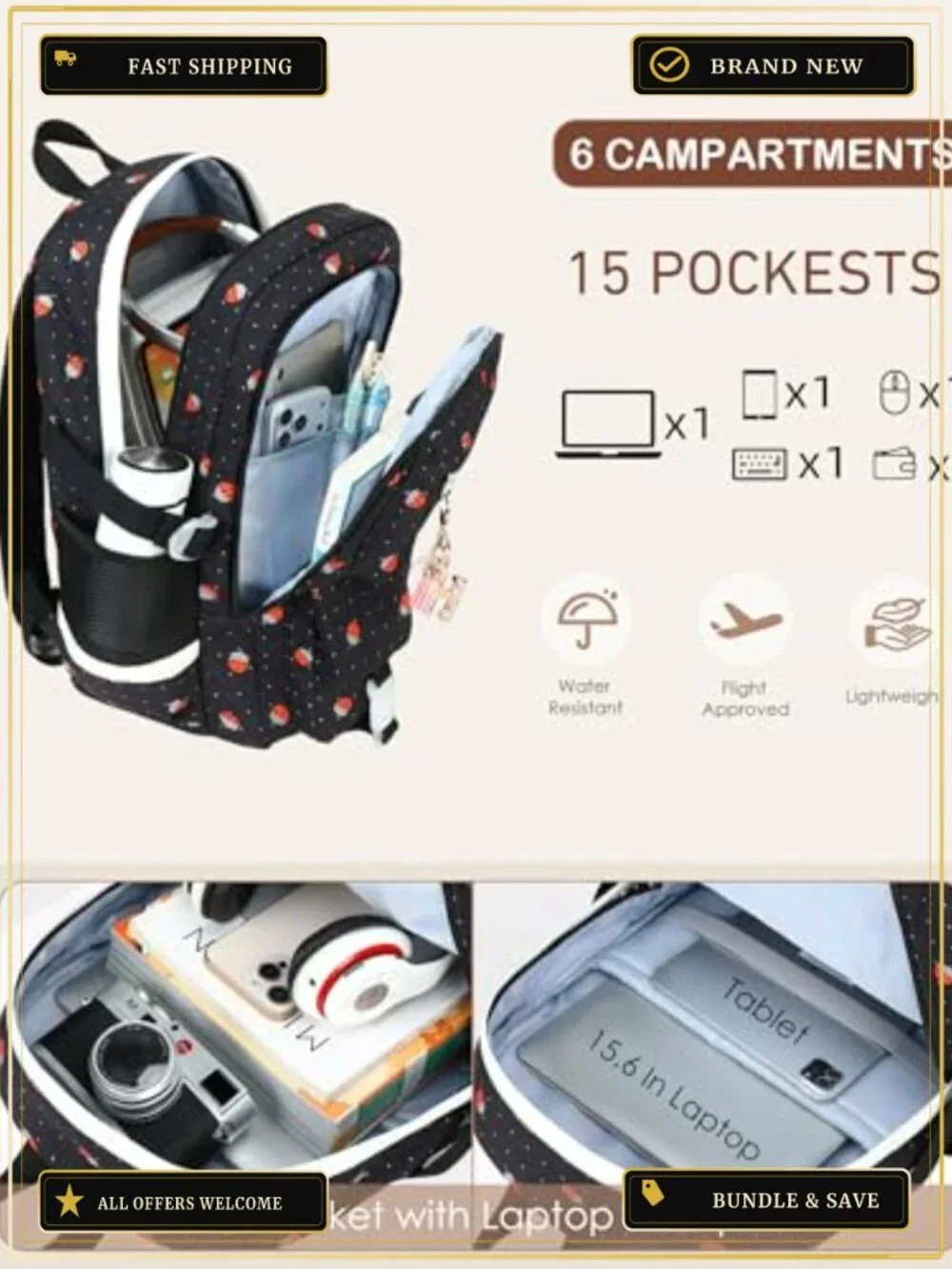 15.6 inch Laptop Backpack for Women Teen Girls Large College School Bookbag